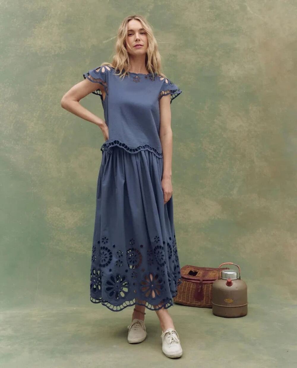 The Great Super Bloom Eyelet Skirt Dusty Blue Vintage Indigo Midi NWT Size 0